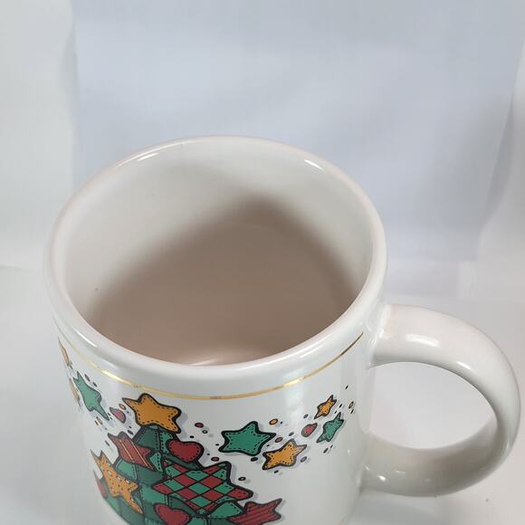 Vintage 1997 Christmas Mug JII Patchwork Tree Stars Holiday Coffee Cup - Picture 9 of 10